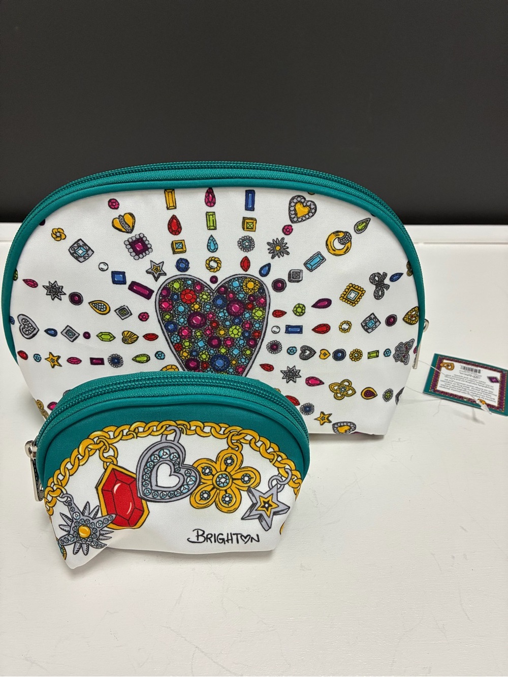 Brighton  WT White Teal Gem Heart Cosmetic Pouch Set